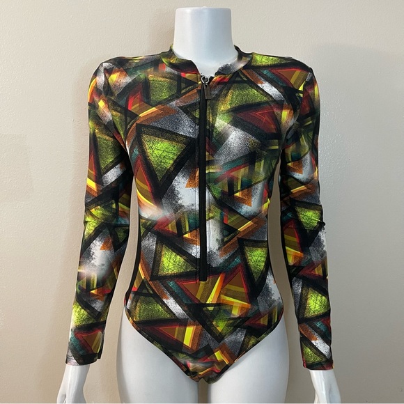 Multi color long sleeve mesh on sides swimsuit - Picture 1 of 12
